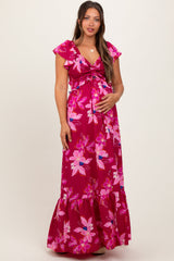 PinkBlush Magenta Floral Smocked Cinched Top Maternity Maxi Dress