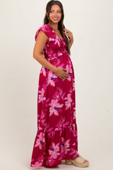 PinkBlush Magenta Floral Smocked Cinched Top Maternity Maxi Dress