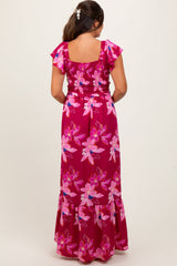 PinkBlush Magenta Floral Smocked Cinched Top Maternity Maxi Dress