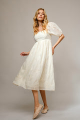 PinkBlush Cream Embroidered Floral Puff Sleeve Maternity Midi Dress