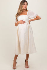 PinkBlush Cream Embroidered Floral Puff Sleeve Maternity Midi Dress