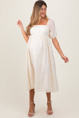 PinkBlush Cream Embroidered Floral Puff Sleeve Maternity Midi Dress