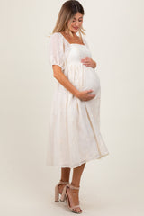 PinkBlush Cream Embroidered Floral Puff Sleeve Maternity Midi Dress