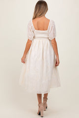PinkBlush Cream Embroidered Floral Puff Sleeve Maternity Midi Dress