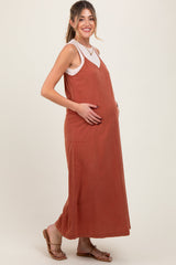 PinkBlush Rust V-Neck Overall Maternity Midi Dress