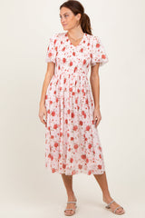 PinkBlush Light Pink Floral Smocked V-Neck Maternity Midi Dress