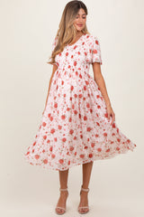 PinkBlush Light Pink Floral Smocked V-Neck Maternity Midi Dress