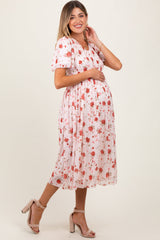 PinkBlush Light Pink Floral Smocked V-Neck Maternity Midi Dress