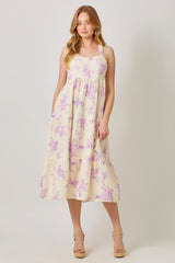 PinkBlush Cream Floral Tiered Crisscross Back Maternity Midi Dress
