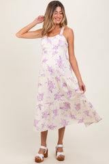 PinkBlush Cream Floral Tiered Crisscross Back Maternity Midi Dress