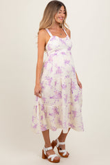 PinkBlush Cream Floral Tiered Crisscross Back Maternity Midi Dress