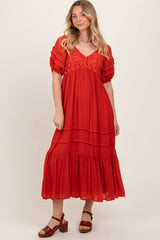 PinkBlush Rust Crochet Detail Bodice Maternity Midi Dress
