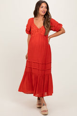 PinkBlush Rust Crochet Detail Bodice Maternity Midi Dress