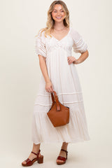 PinkBlush Cream Crochet Detail Bodice Maternity Midi Dress