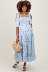 PinkBlush Light Blue Floral Striped Smocked Shoulder Tie Maternity Maxi Dress