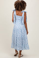 PinkBlush Light Blue Floral Striped Smocked Shoulder Tie Maternity Maxi Dress