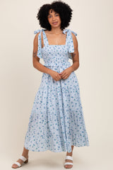 PinkBlush Light Blue Floral Striped Smocked Shoulder Tie Maternity Maxi Dress