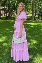 PinkBlush Pink Smocked Ruffle Tiered Puff Sleeve Maternity Maxi Dress