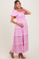 PinkBlush Pink Smocked Ruffle Tiered Puff Sleeve Maternity Maxi Dress