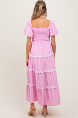 PinkBlush Pink Smocked Ruffle Tiered Puff Sleeve Maternity Maxi Dress