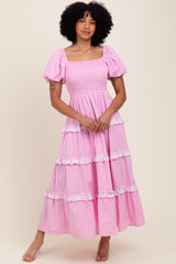PinkBlush Pink Smocked Ruffle Tiered Puff Sleeve Maternity Maxi Dress