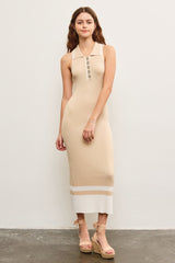 PinkBlush Beige Knit Colorblock Stripe Sleeveless Polo Maternity Dress