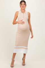 PinkBlush Beige Knit Colorblock Stripe Sleeveless Polo Maternity Dress