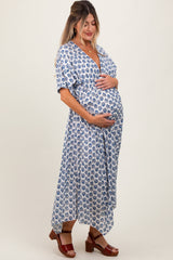 PinkBlush Navy Floral Deep V-Neck Handkerchief Hem Maternity Maxi Dress