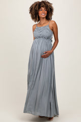 PinkBlush Grey Lace Bodice Cutout Tie Back Maternity Maxi Dress