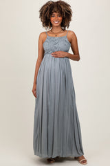 PinkBlush Grey Lace Bodice Cutout Tie Back Maternity Maxi Dress