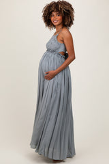 PinkBlush Grey Lace Bodice Cutout Tie Back Maternity Maxi Dress