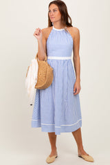 PinkBlush Blue Striped Halter Maternity Tie Back Cutout Midi Dress
