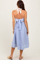 PinkBlush Blue Striped Halter Maternity Tie Back Cutout Midi Dress