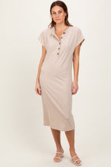 PinkBlush Beige Solid Ribbed Short Sleeve Button Down Knit Maternity Midi Dress