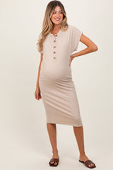 PinkBlush Beige Solid Ribbed Short Sleeve Button Down Knit Maternity Midi Dress