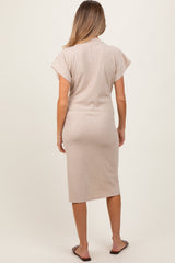 PinkBlush Beige Solid Ribbed Short Sleeve Button Down Knit Maternity Midi Dress