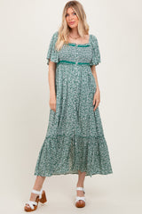 PinkBlush Green Smocked Button Down Flutter Sleeve Maternity Maxi Dress