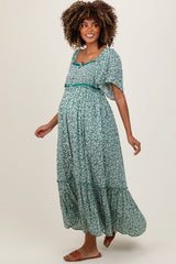 PinkBlush Green Smocked Button Down Flutter Sleeve Maternity Maxi Dress