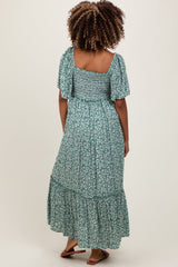 PinkBlush Green Smocked Button Down Flutter Sleeve Maternity Maxi Dress
