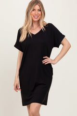 PinkBlush Black Brushed Rolled Short Sleeve V-Neck Maternity Dress