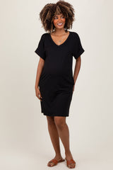 PinkBlush Black Brushed Rolled Short Sleeve V-Neck Maternity Dress