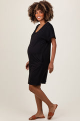 PinkBlush Black Brushed Rolled Short Sleeve V-Neck Maternity Dress