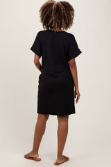 PinkBlush Black Brushed Rolled Short Sleeve V-Neck Maternity Dress