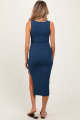 PinkBlush Navy Ribbed Square Neck Side Slit Maternity Midi Dress