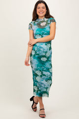 PinkBlush Green Floral Mesh Overlay Fitted Maternity Maxi Dress