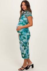 PinkBlush Green Floral Mesh Overlay Fitted Maternity Maxi Dress
