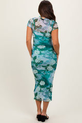 PinkBlush Green Floral Mesh Overlay Fitted Maternity Maxi Dress