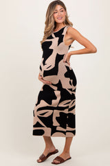 PinkBlush Black Abstract Print Knit Sleeveless Maternity Midi Dress