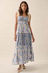 PinkBlush Blue Leaf Print Smocked Shoulder Tie Tiered Maternity Maxi Dress