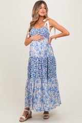 PinkBlush Blue Leaf Print Smocked Shoulder Tie Tiered Maternity Maxi Dress